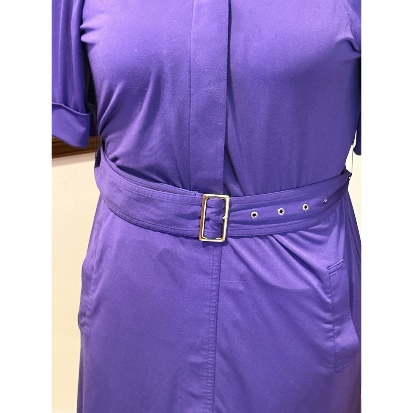 Black Saks Fifth Avenue Purple Belted Dress Size 12 Mock Neck Sheath Stretch