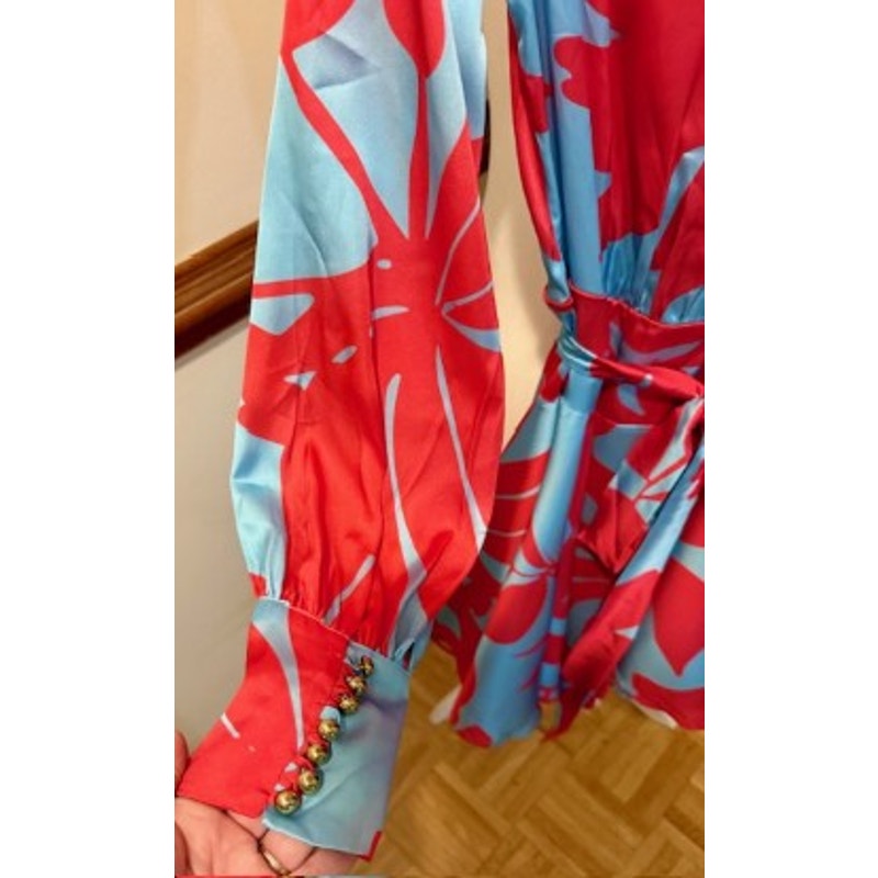 NWT Suki So Satin Floral Wrap Dress Pink Blue Statement Sleeve Dress